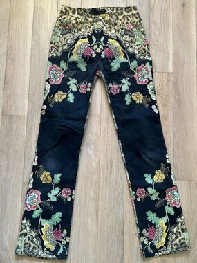 Roberto Cavalli Vintage 90’s Runway Women’s Black Animal Print Floral Jeans